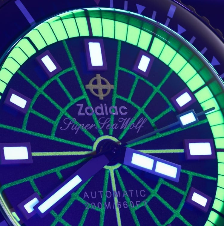 Closeup image of the Zodiac Skin watch watch face.