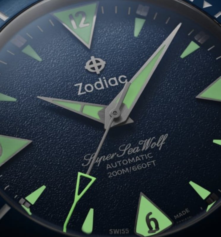 Close-up of a Super Sea Wolf Skin Diver watch with emphasis on the Super-LumiNova hands and markers 