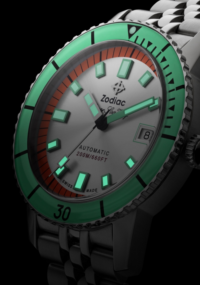 Closeup of Zodiac watch face.