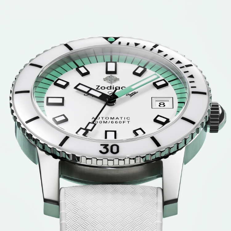 Close up shot of a Super Sea Wolf GMT watch with focus on the red fourth hand