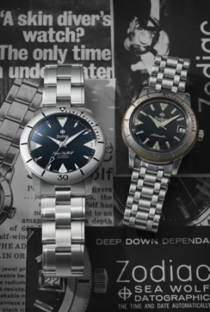 A side-by-side view of the Super Sea Wolf Skin Diver and a vintage Sea Wolf watch against a background of vintage Zodiac ads