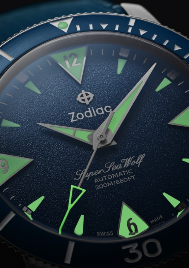 Closeup of Zodiac watch face.