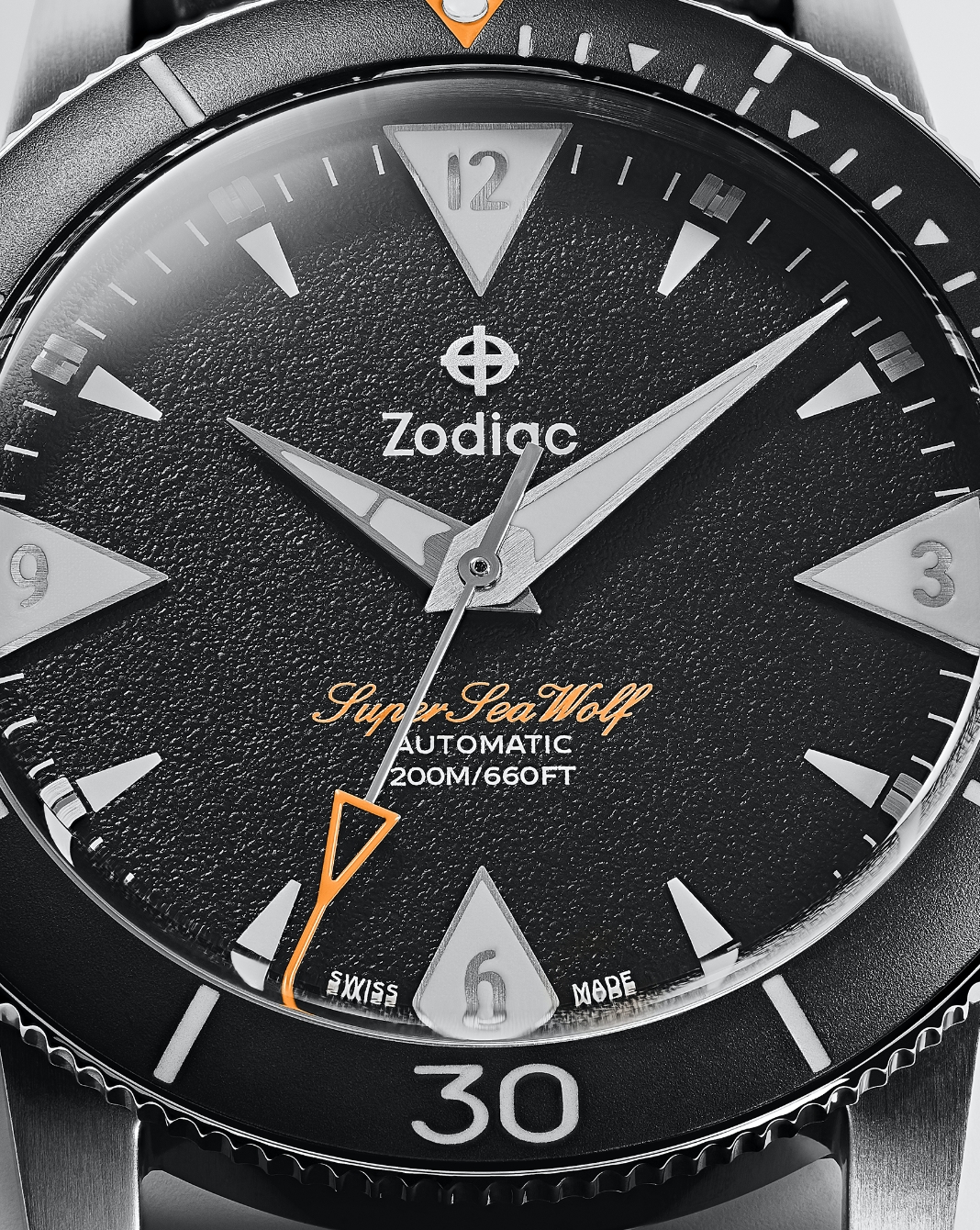 A close up of the watch's dial