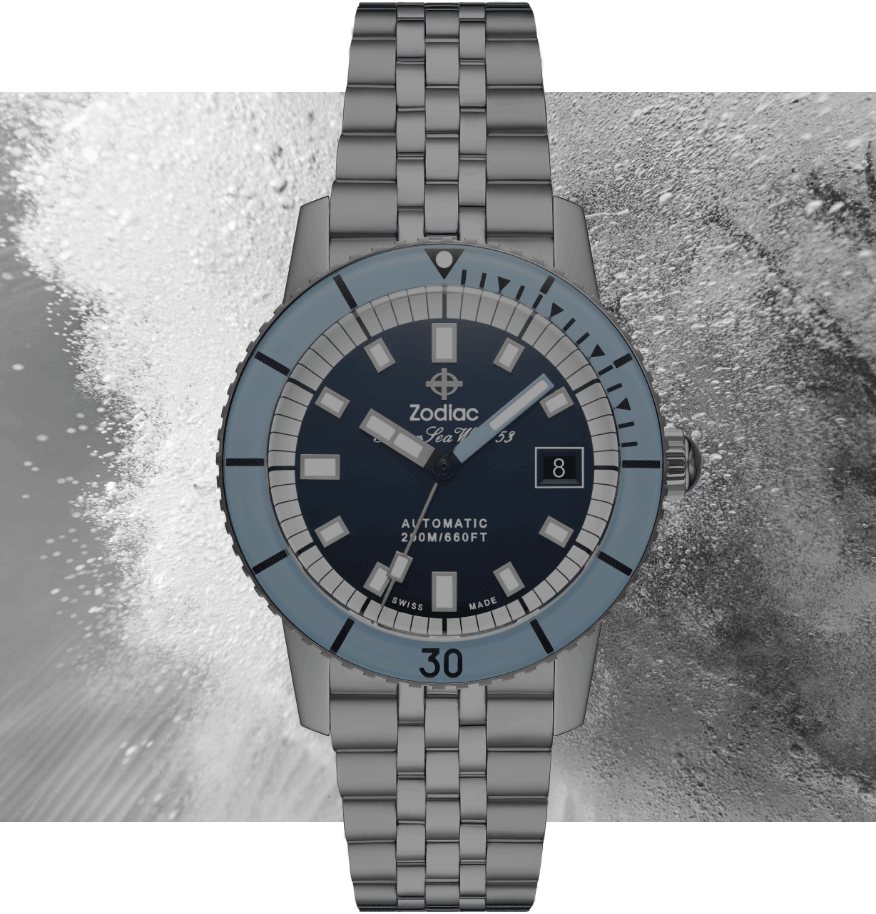 Super Sea Wolf Compression in silver with a blue watch face.