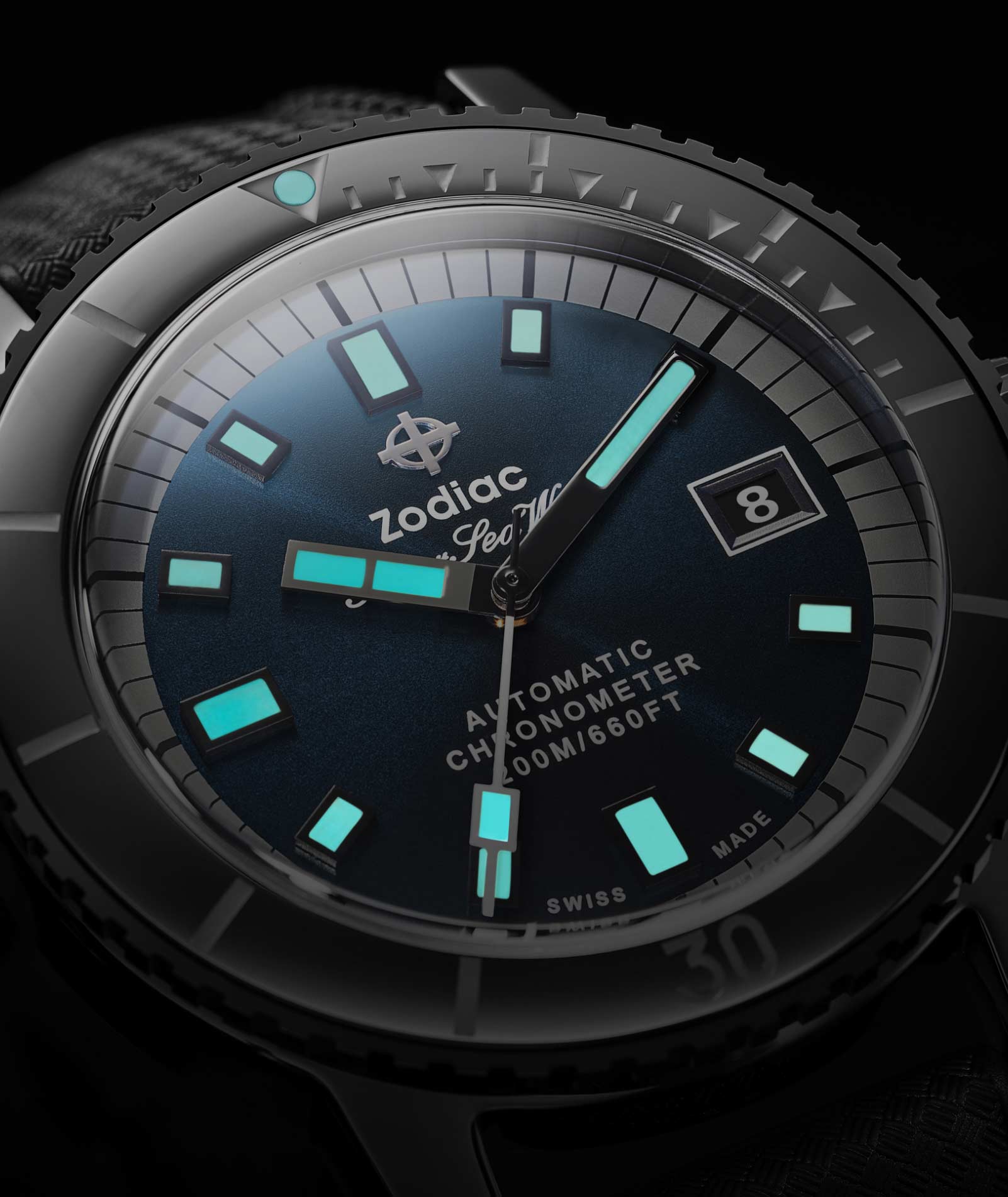 A toggle of dark and light Zodiac watches.