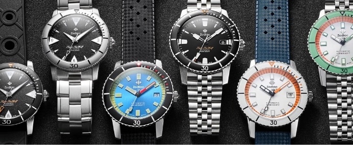 A group shot of various Super Sea Wolf watches.