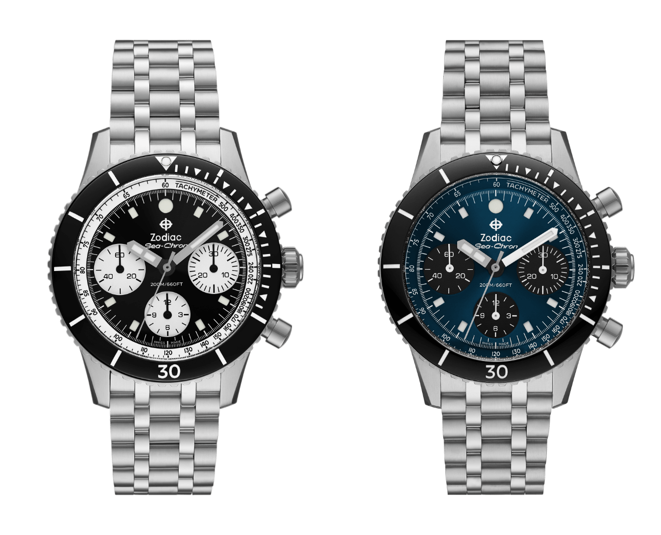Zodiac Sea-Chron watches in silver and black.