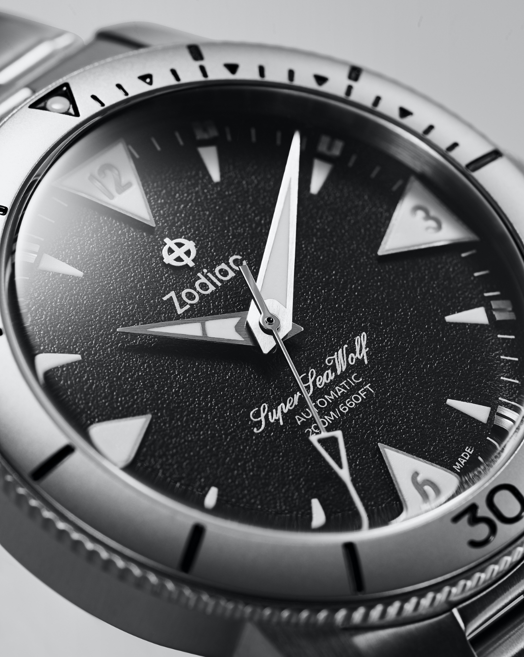 A close up of the watch's dial