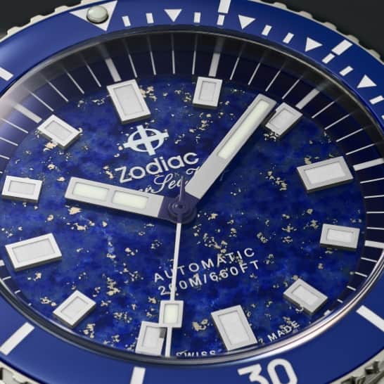 Close up shot of a Super Sea Wolf Compression Diver watch featuring a genuine lapis dial