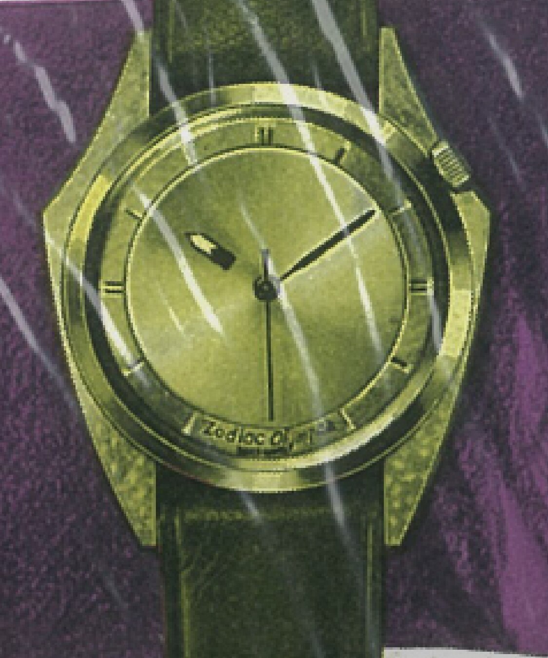 Purple and gold pop art style image, with a close up image of a face and a Zodiac Olympos watch.