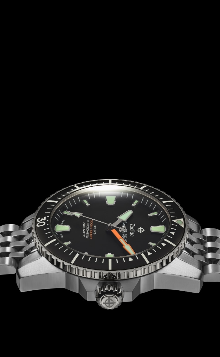 Detail shot of a Super Sea Wolf Pro-Diver stainless steel watch with a black bezel and black sunray dial