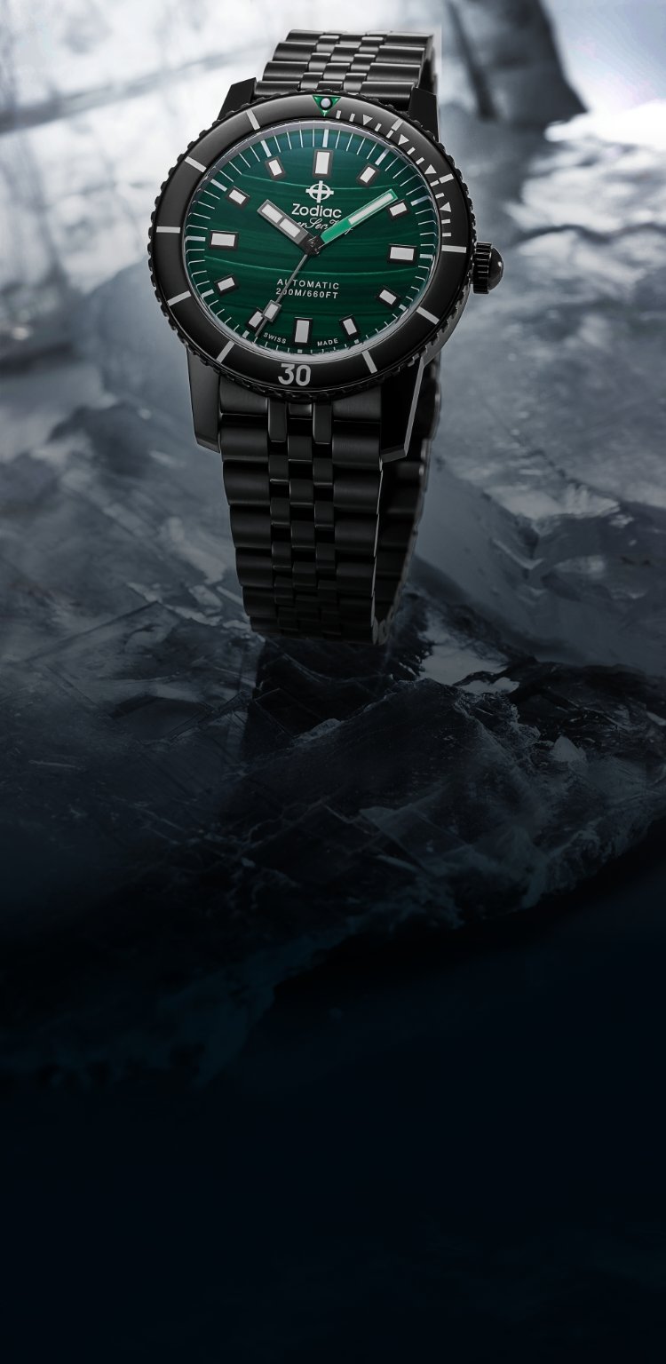 Detail shot of a Super Sea Wolf Compression Diver watch featuring a genuine malachite dial.