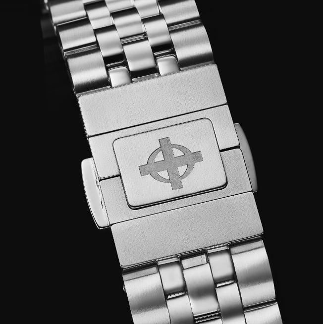 Close up shot of the clasp of a Super Sea Wolf GMT watch.