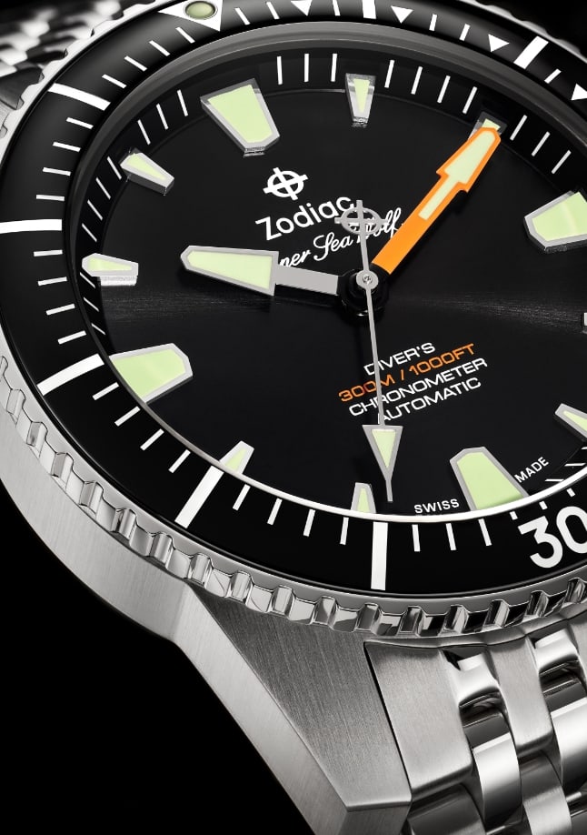 Closeup of Zodiac Super Sea Wolf Pro-Diver watch.