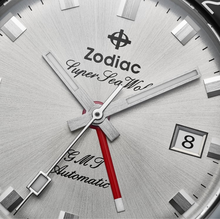 Close up shot of a Super Sea Wolf GMT watch with focus on the red fourth hand