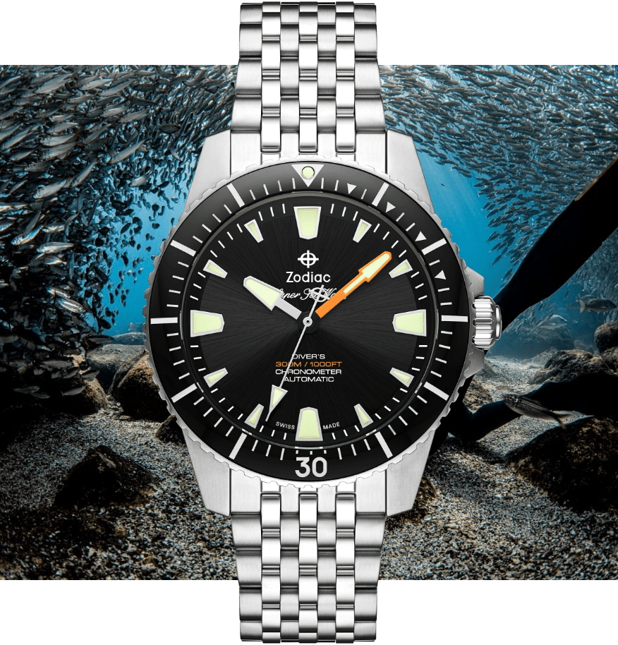 Super Sea Wolf Pro-Diver in silver with a black watch face.