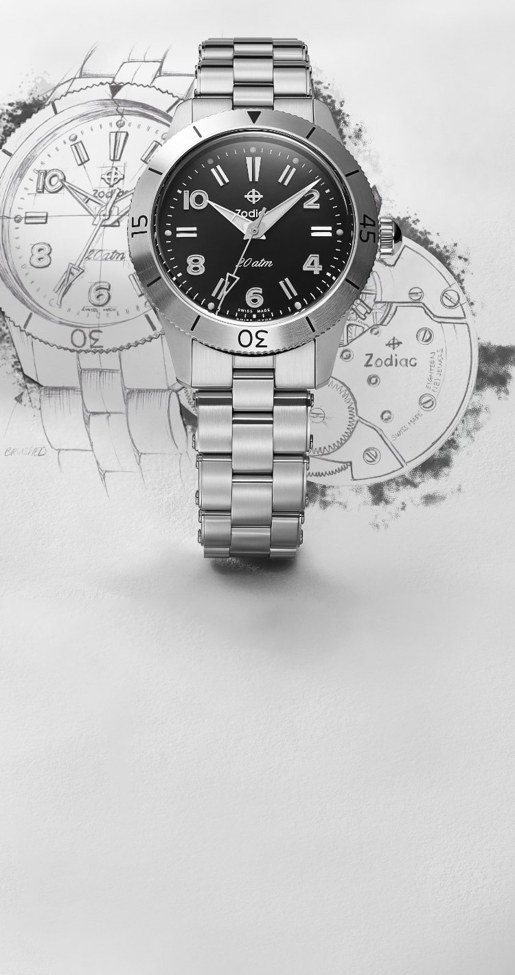 Sketch and detail shot of the Super Sea Wolf Ref. 691 featuring a black dial and a stainless steel case and three-link rivet-style bracelet.