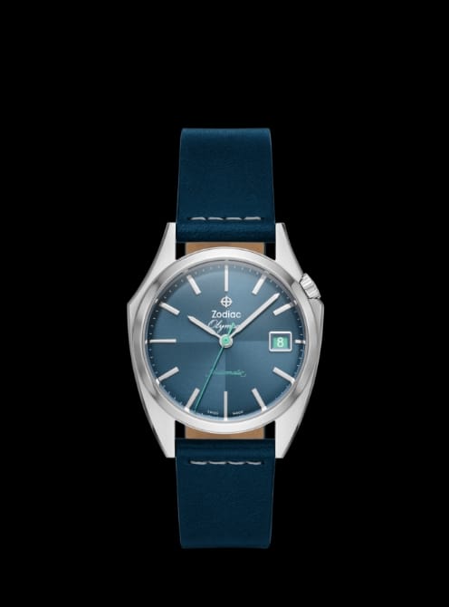 A closeup of the Townsman Automatic with a green skeleton dial.