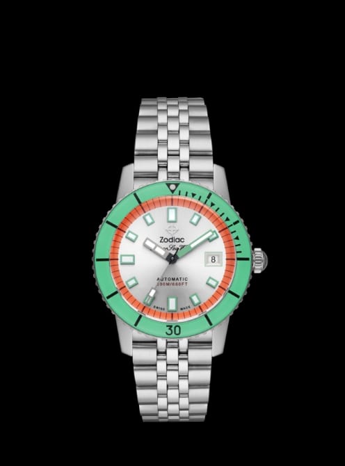 A closeup of the Townsman Automatic with a green skeleton dial.