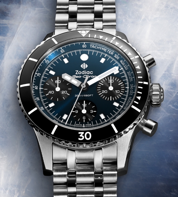 Detail shot of a Sea-Chron Chronograph watch featuring a black bezel surrounding a black chronograph dial.