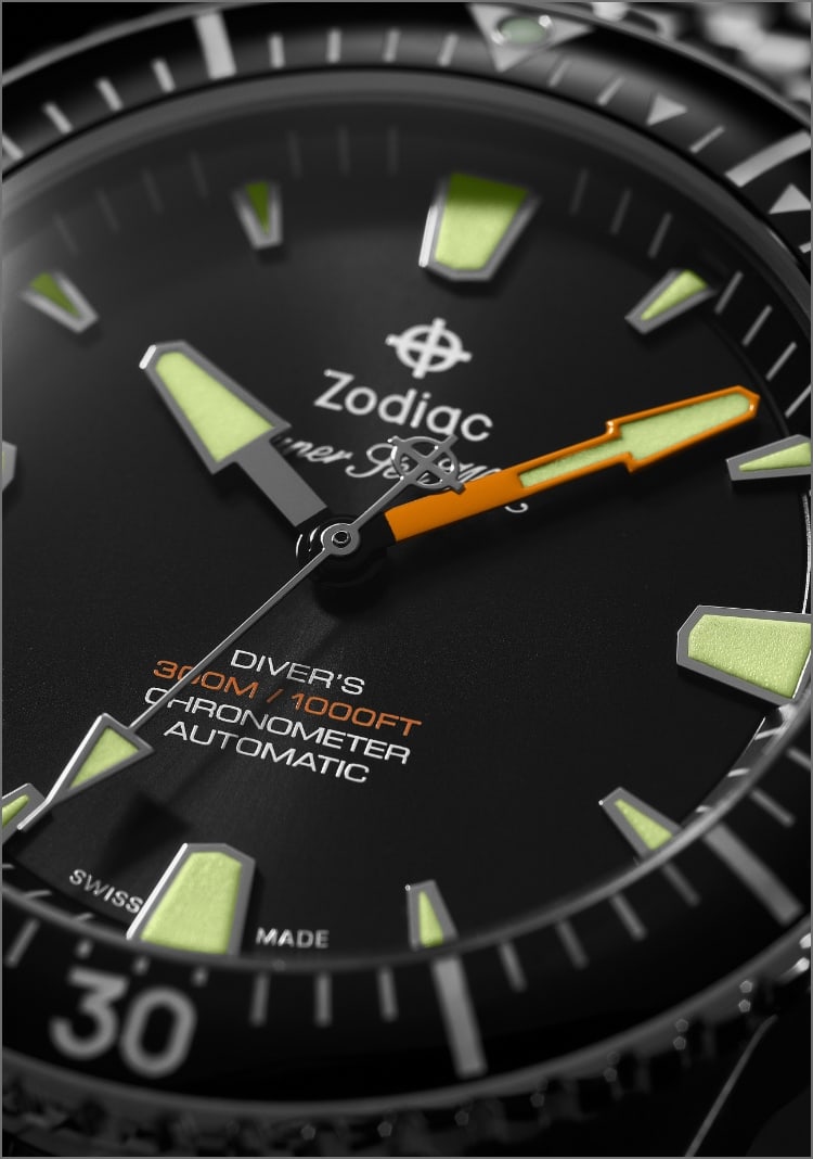 Diver wearing a Zodiac watch.