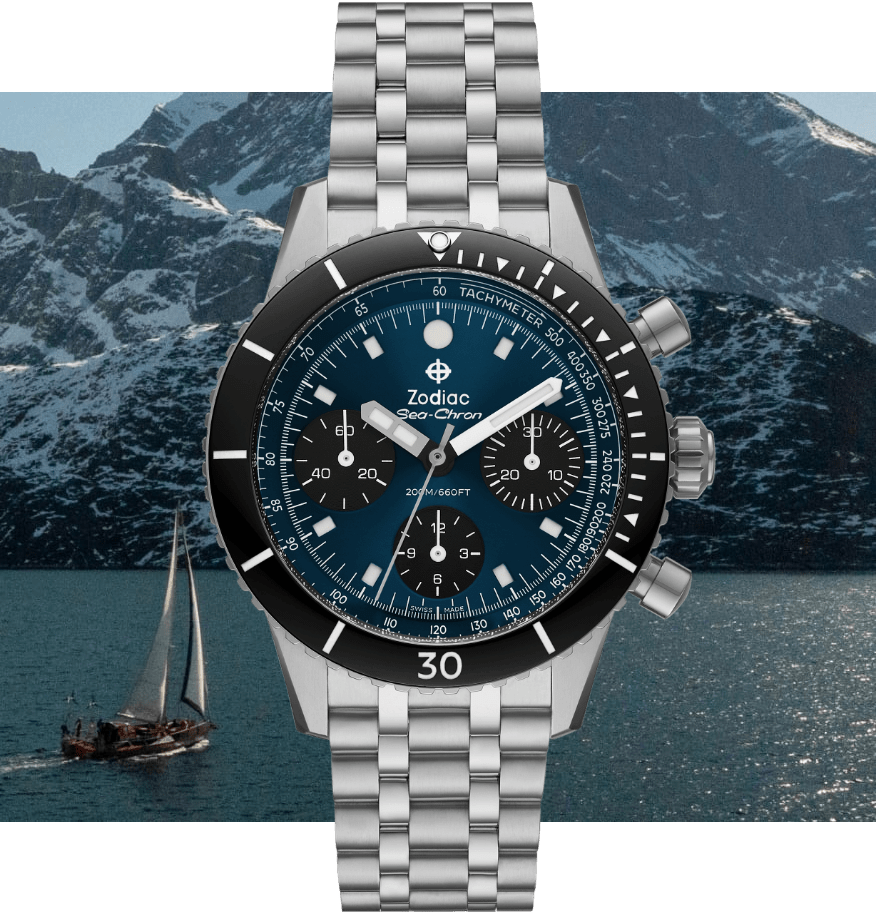 Sea-Chron Chronograph in silver with a blue watch face.