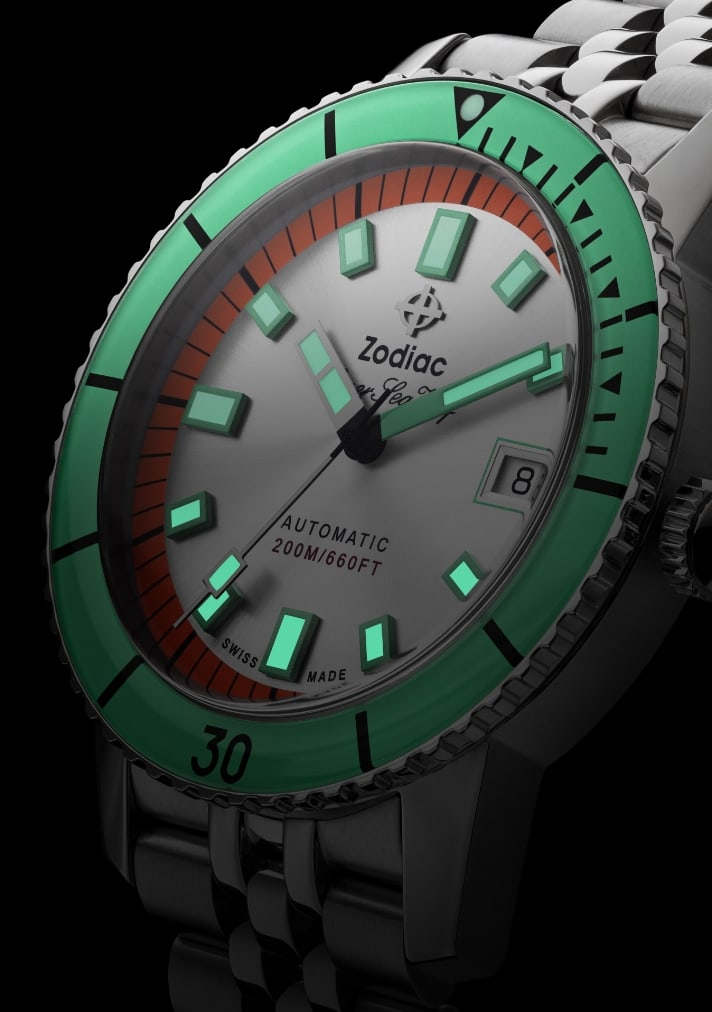 Closeup of Zodiac watch face.