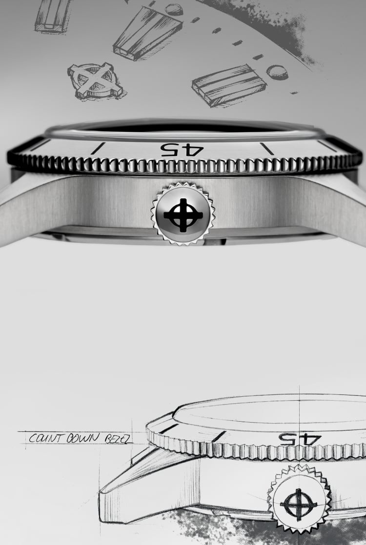 Sketch and side view of the Super Sea Wolf Ref. 691 watch.