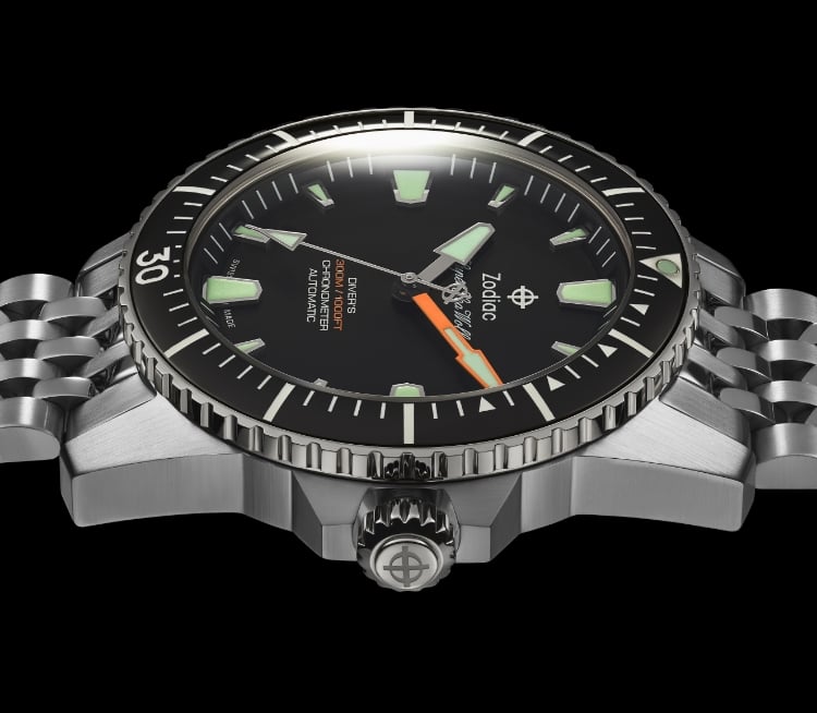 Detail shot of a Super Sea Wolf Pro-Diver stainless steel watch with a black bezel and black sunray dial