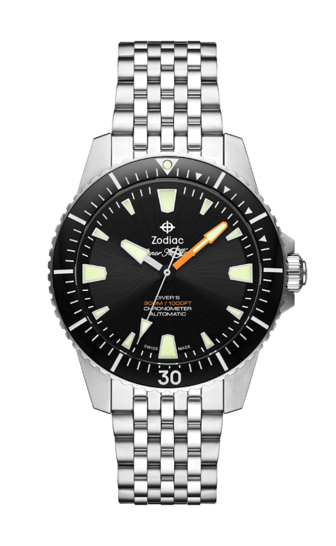 Zodiac Super Sea Wolf Pro-Diver watches in silver and black.