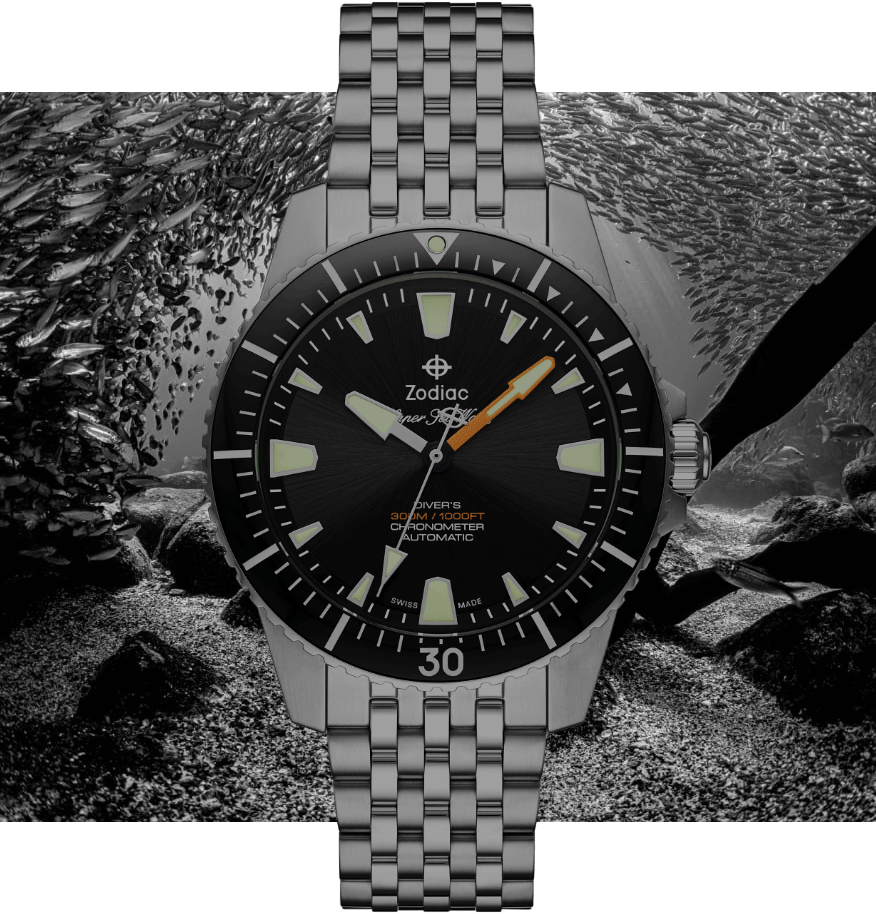 Super Sea Wolf Pro-Diver in silver with a black watch face.